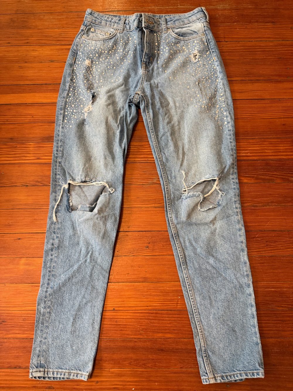 H&M Light Blue Distressed Rhinestone Jeans size 8